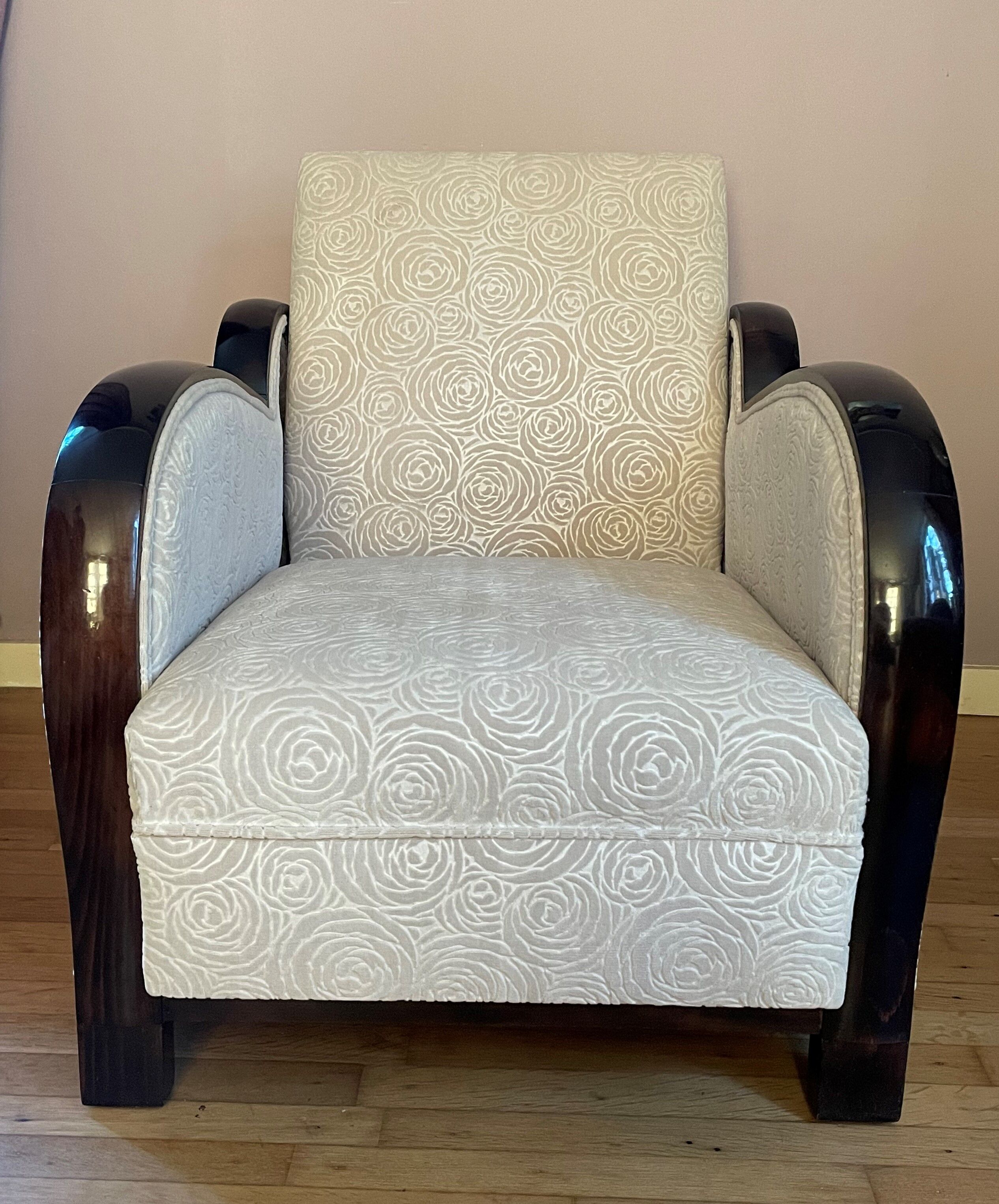 Art-deco convertible armchair in tinted beech and ivory-colored cotton velvet fabric