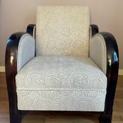 Art-deco convertible armchair in tinted beech and ivory-colored cotton velvet fabric