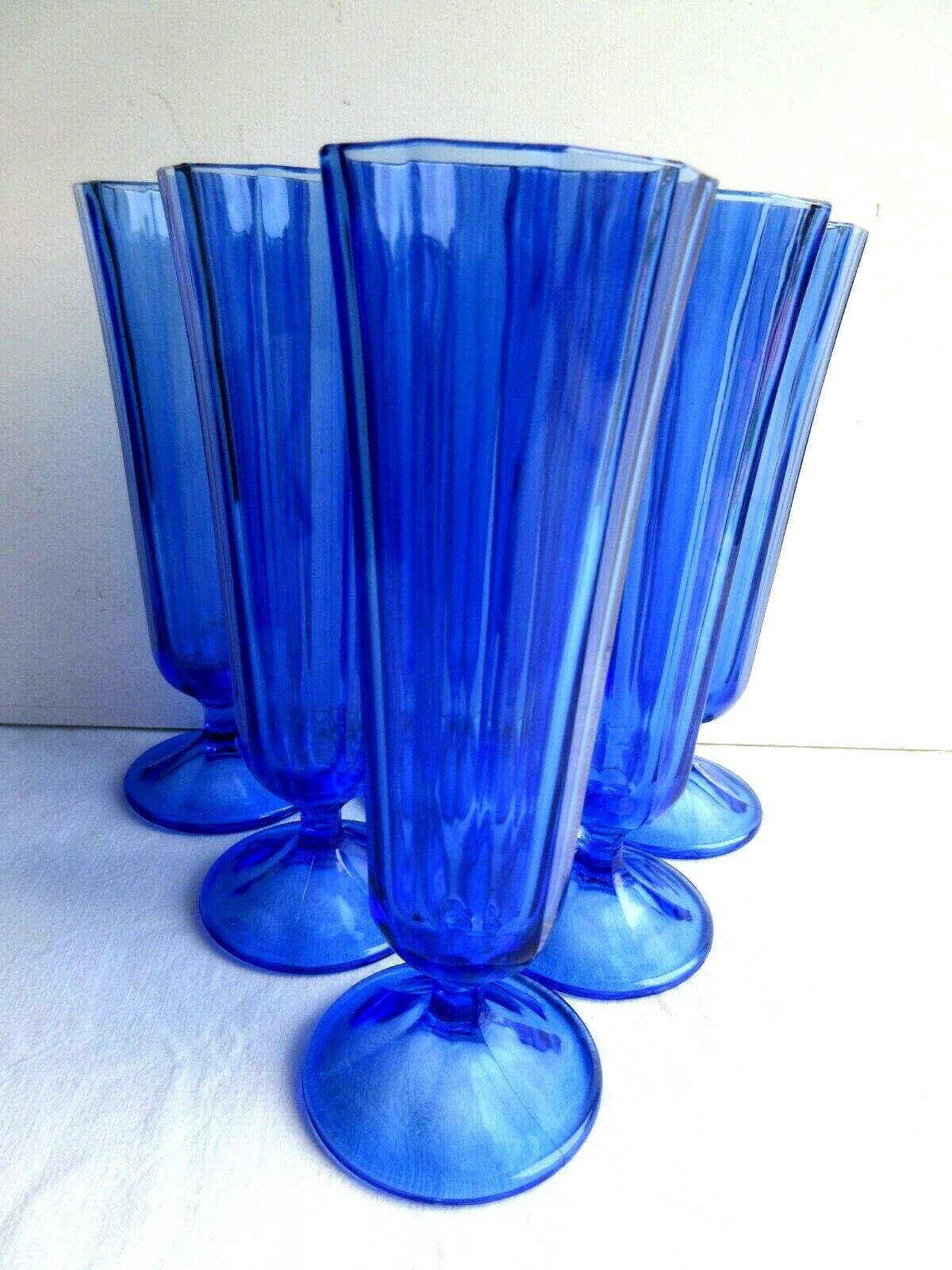 6 Art Deco champagne flutes blue glass cut from 10 flat ribs on peedouche