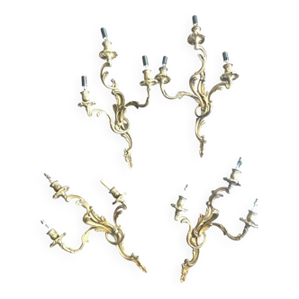 Set of 4 gilded bronze wall lights with 3 lights - Louis XV style