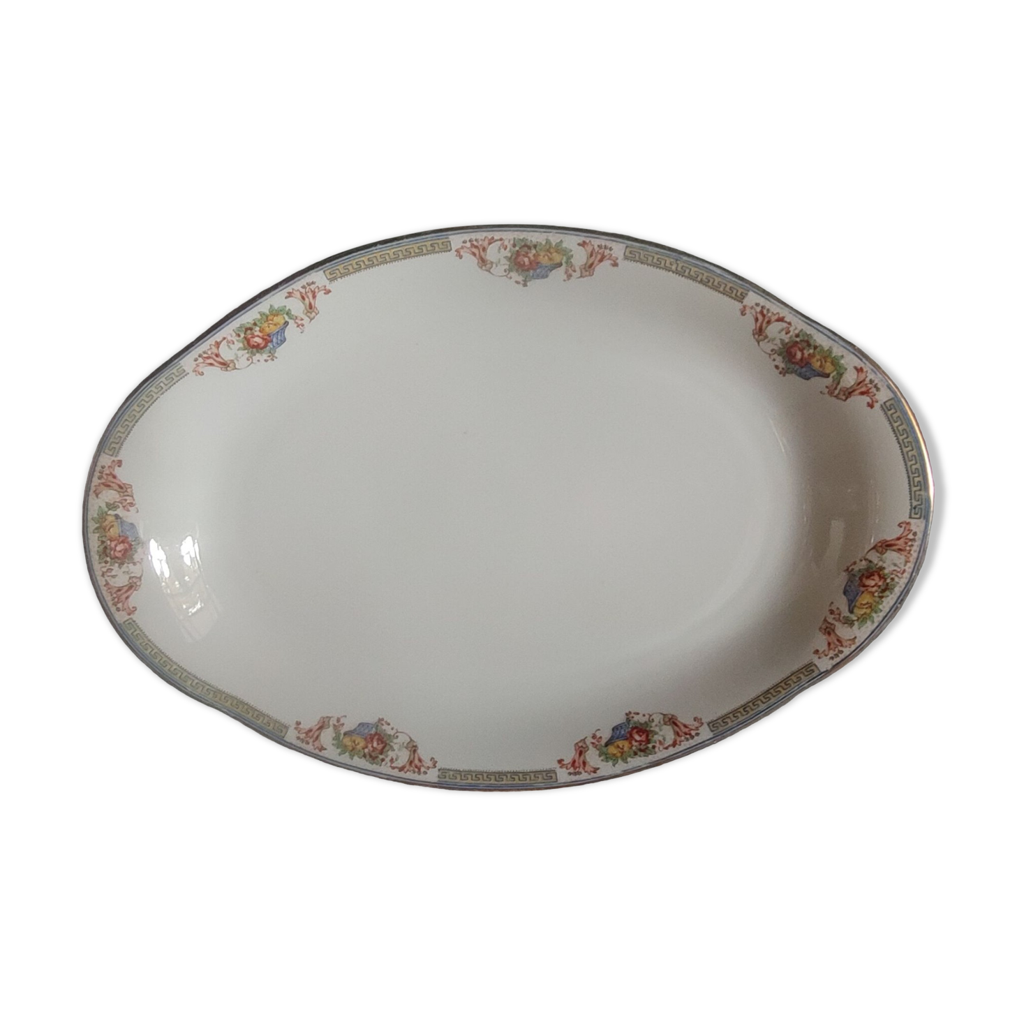 Serving dish in limoges porcelain flower baskets, fruits - early 20th