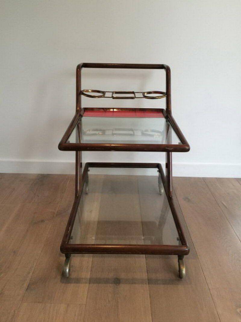 Rolling table made of wood, brass and glass