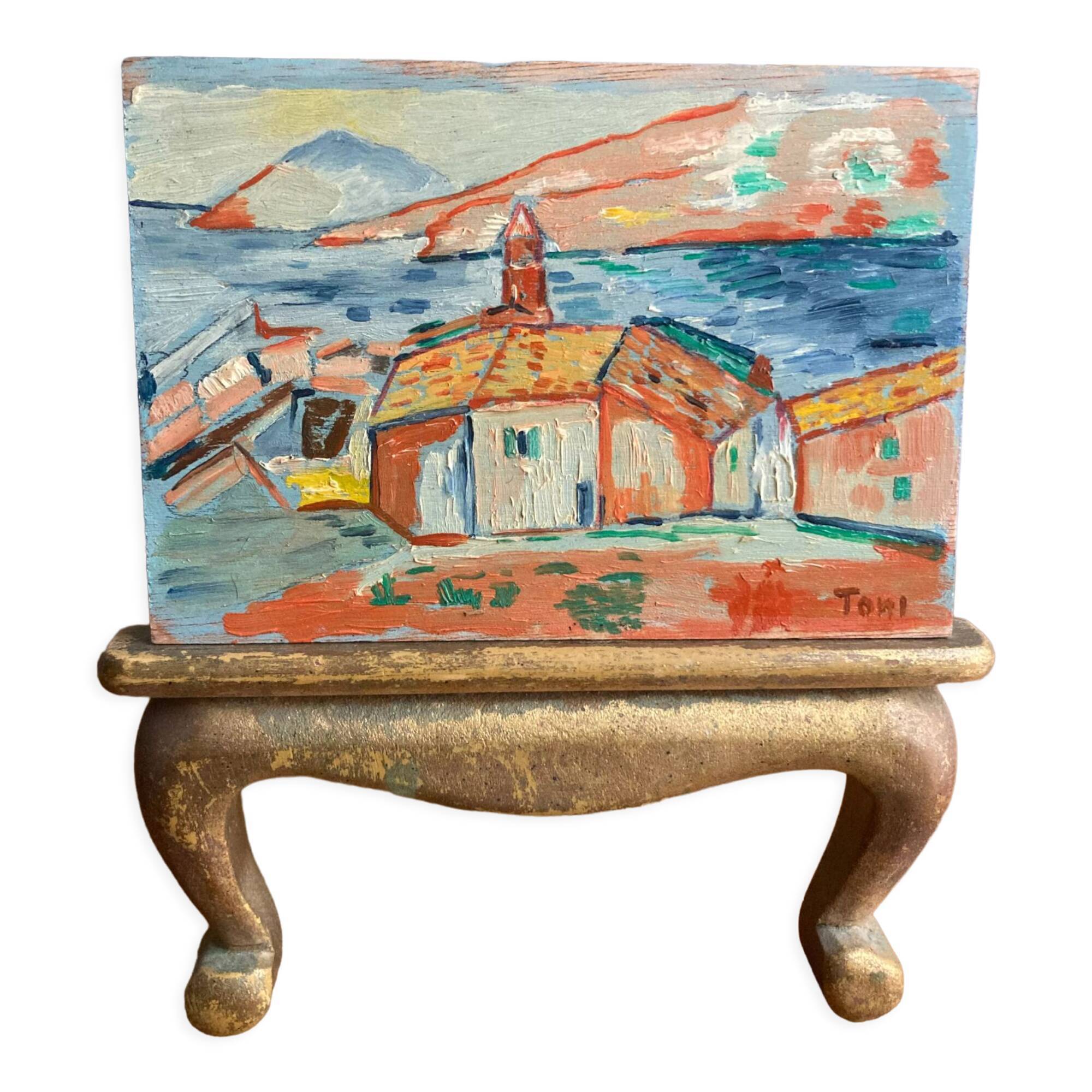 Vintage French painting. Oil on board.