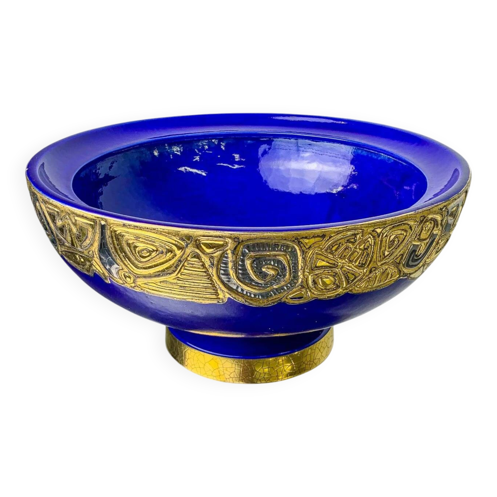Centre de table en céramique Art Déco, peint à la main en bleu cobalt et or, France 20e siècle
