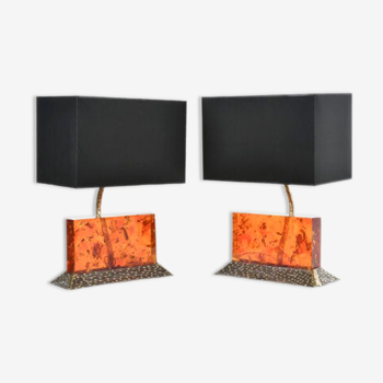 Pair of fractal resin and brass lamps by Henri Fernandez