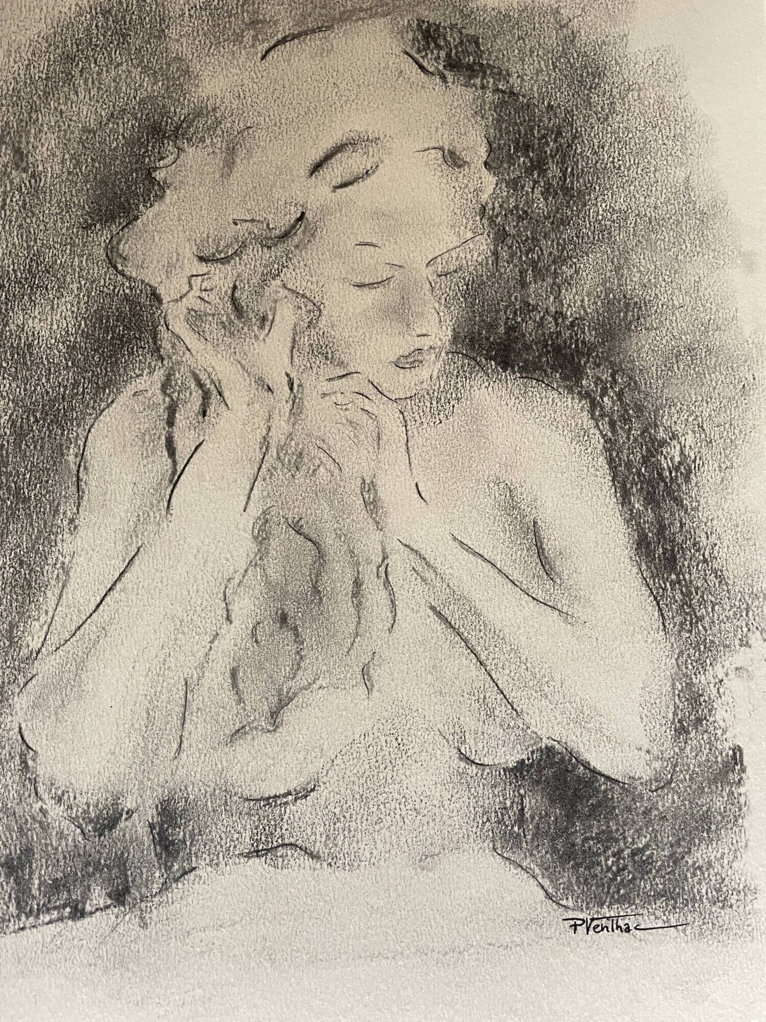 Charcoal painting signed portrait of woman combing her hair