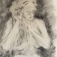 Charcoal painting signed portrait of woman combing her hair