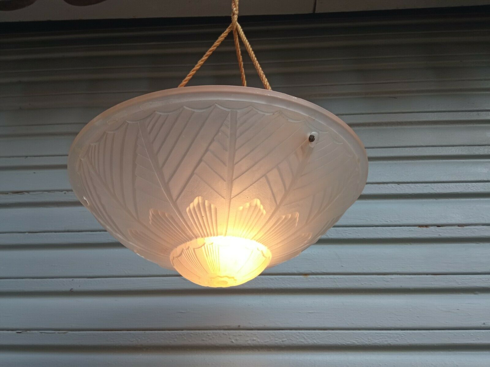 Art Deco ceiling lamp/chandelier in white pressed molded glass in working order