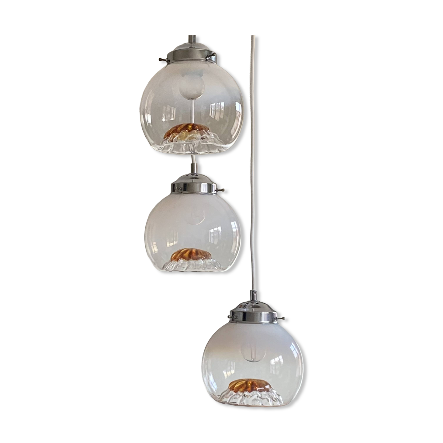 Lustre suspension cascade 3 glass globes Murano Mazzega
