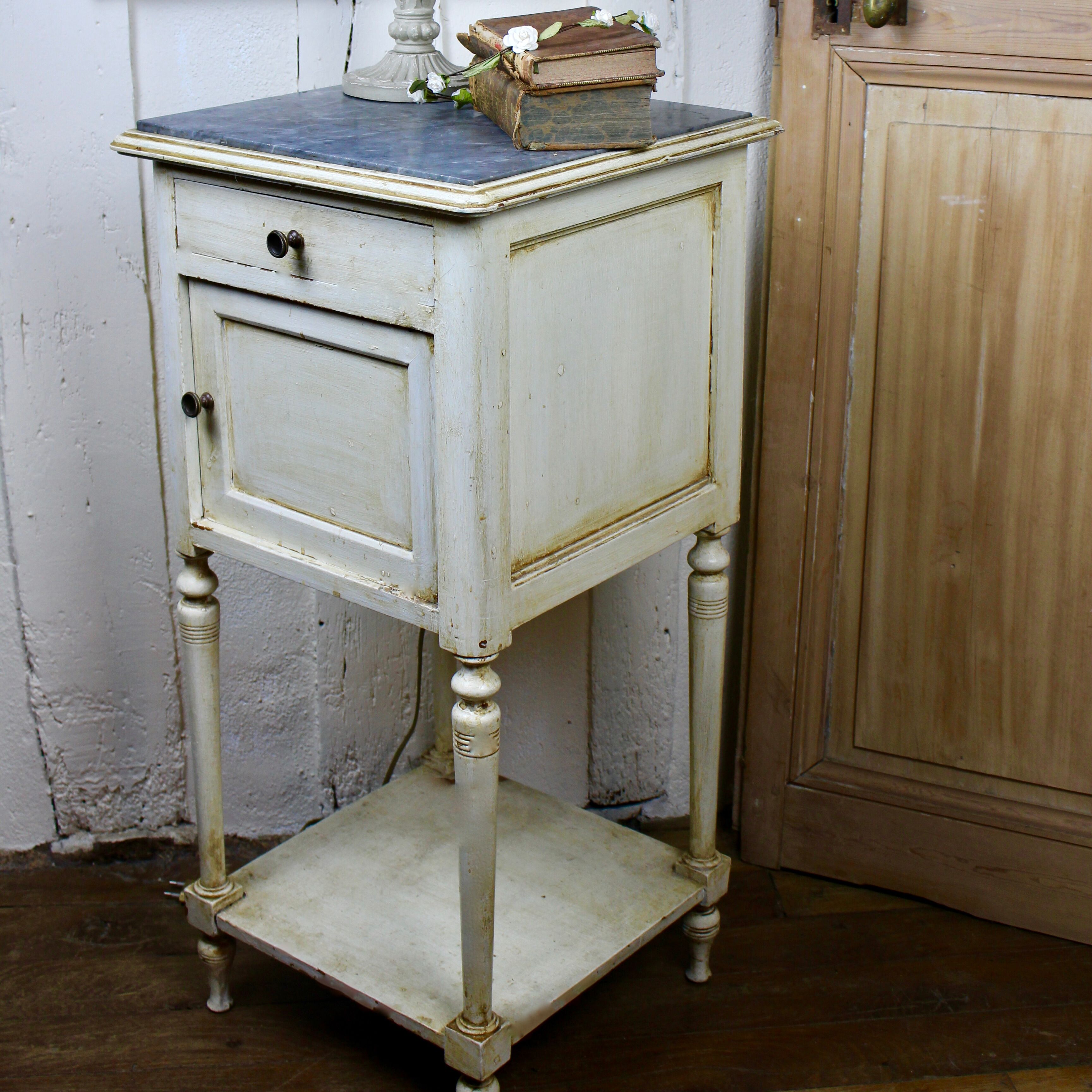 Bedside table old patina to the creamy white English