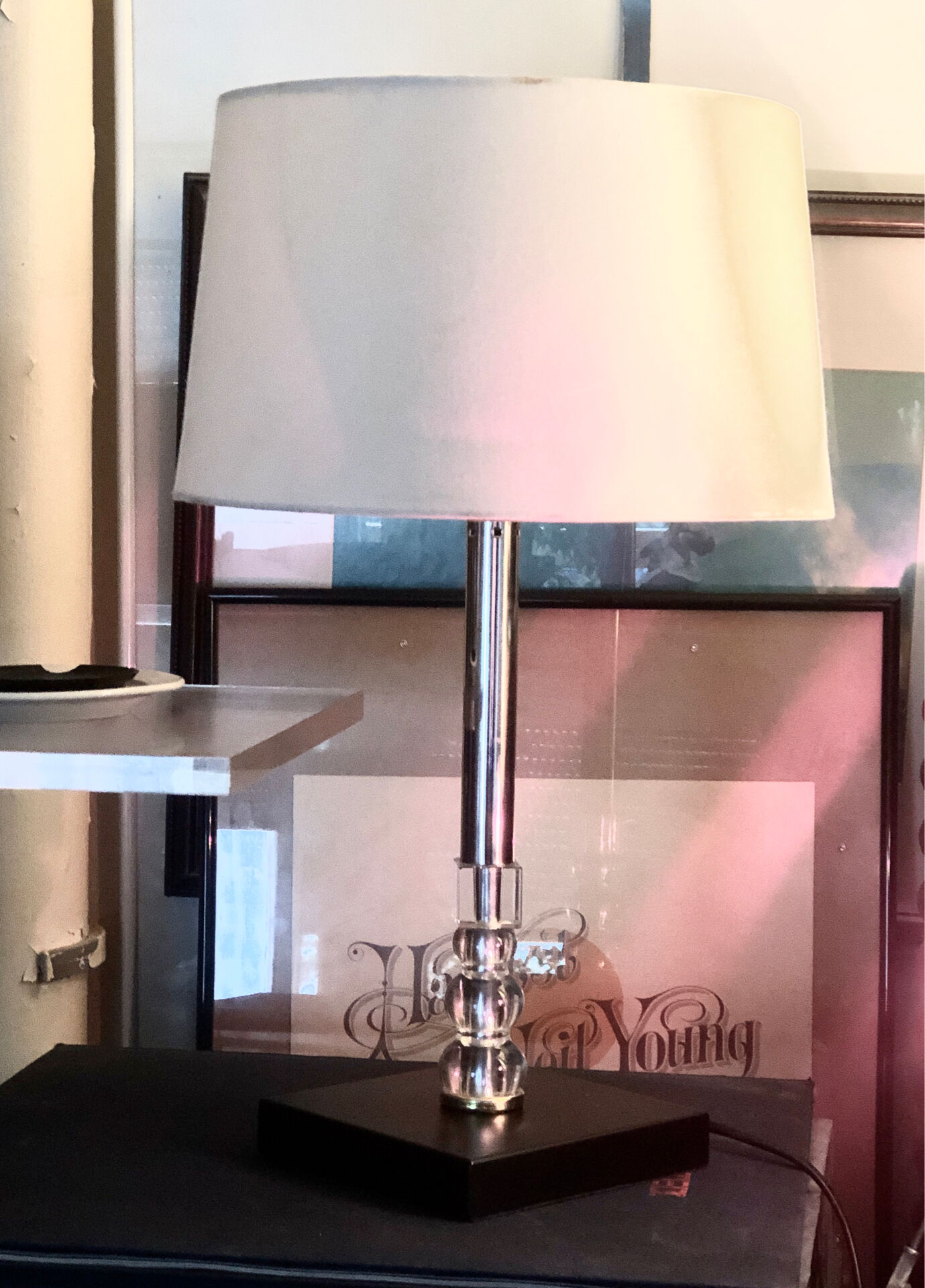Silver-plated metal lamp base with crystal.