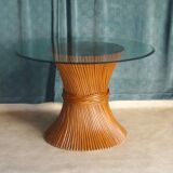 Round Dining Table McGuire Central Foot Bamboo "Wheat Sheaf" / Glass Tray, USA 1970