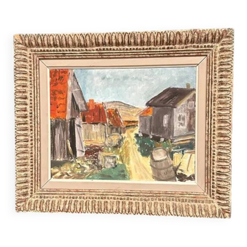 Original Swedish Oil on Panel – "Rural Village" by an Unknown Artist – Vintage and Framed – 50 × 42 cm (19.7" × 16.5")