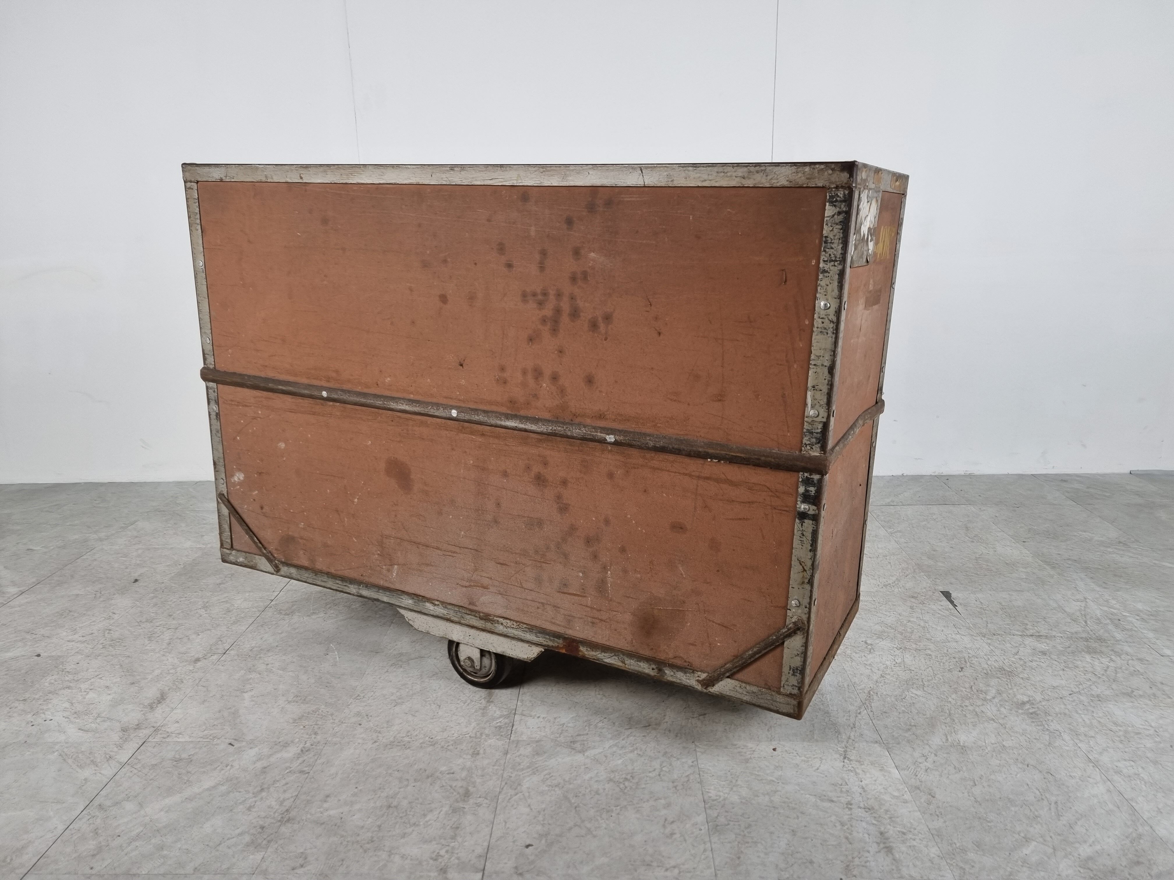 Vintage industrial steel and wooden trolley, 1950s