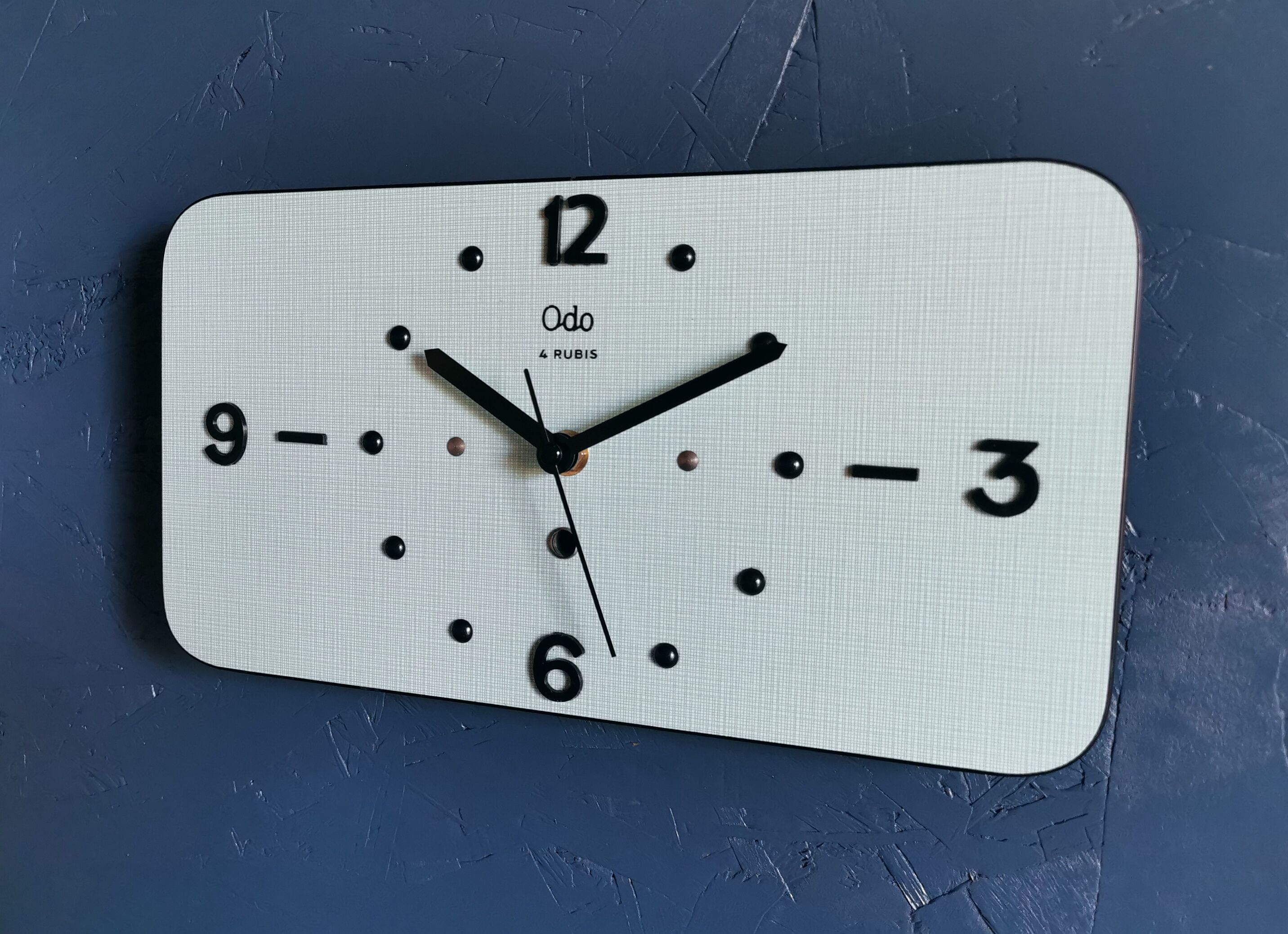 Vintage formica clock rectangular silent wall clock "Odo blue black"