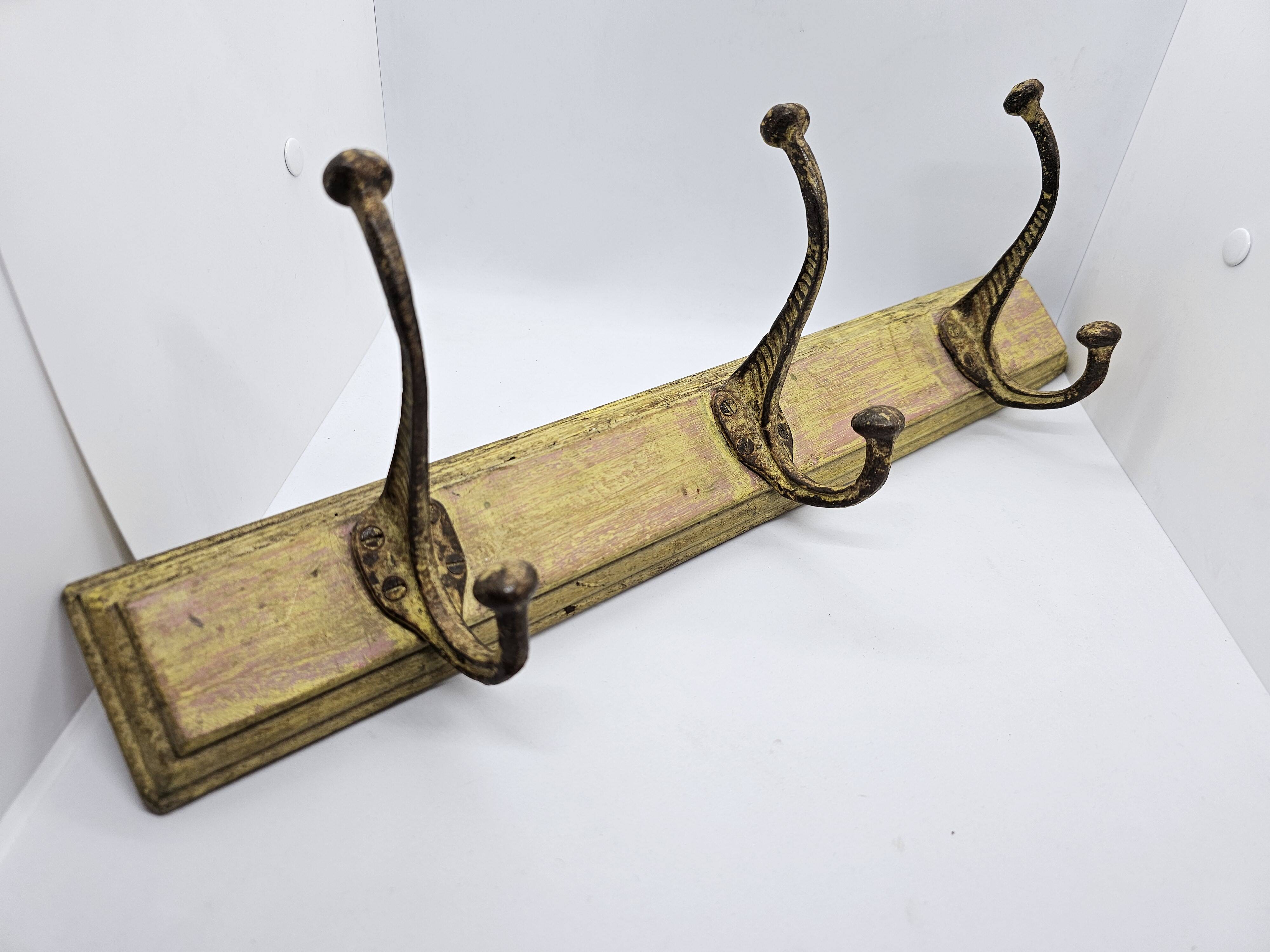 Solid teak coat hook with 3 double cast iron hooks