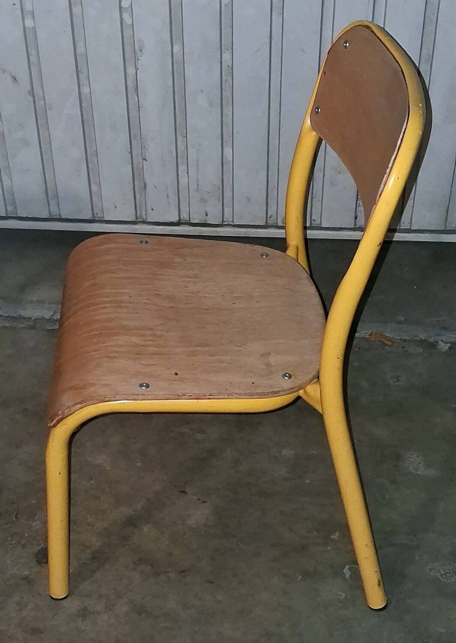 Pair of school chairs, wood and yellow metal, industrial decor.