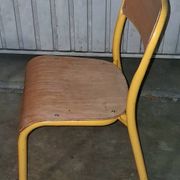 Pair of school chairs, wood and yellow metal, industrial decor.