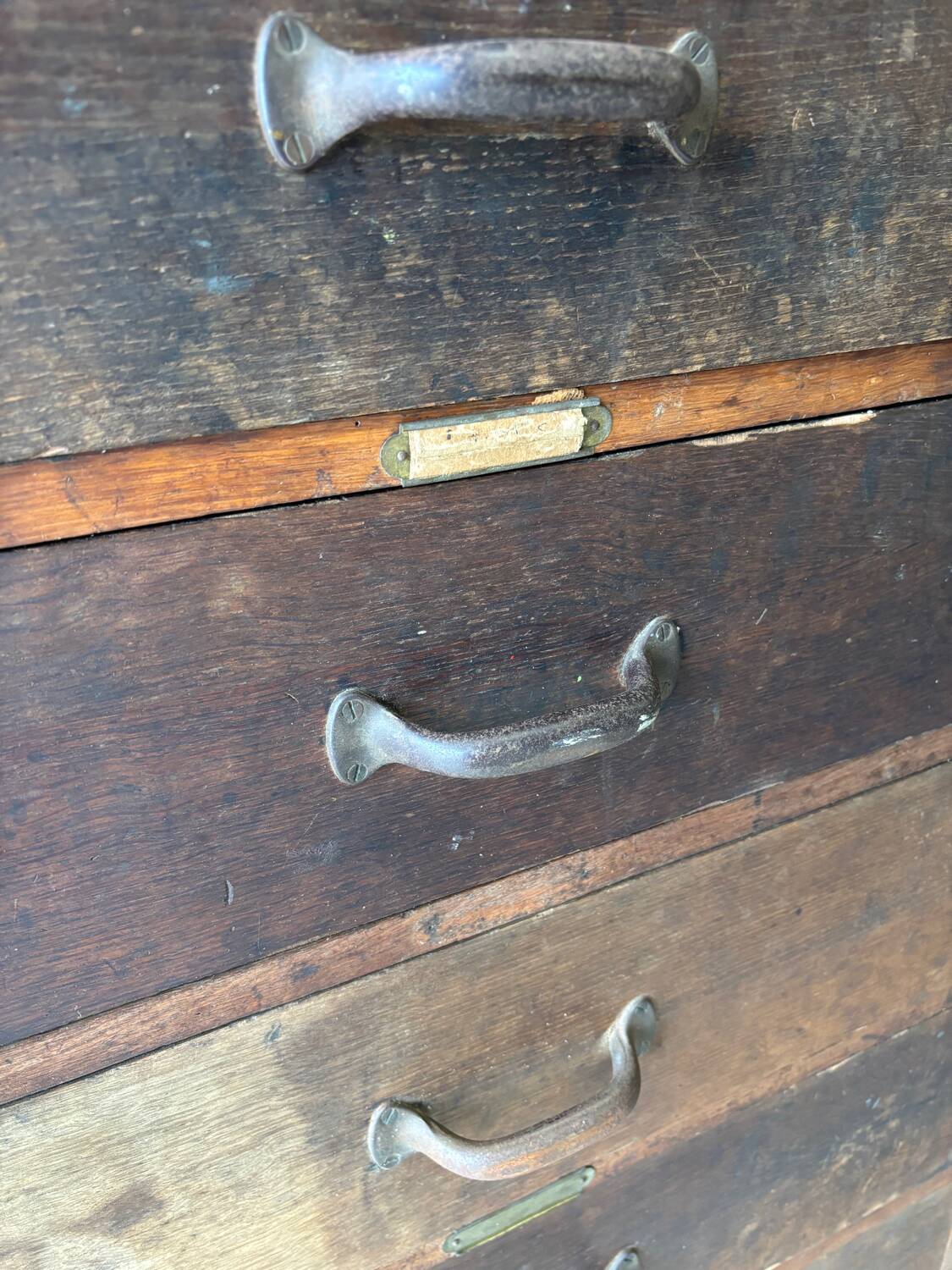 Large wooden workshop cabinet with 16 drawers, antique from the early 1900s.