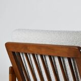 Fauteuil bouclé original Baczyk, restauré, blanc, teck