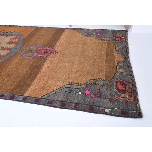1970s Vintage Turkish Oushak Handmade Wool Cotton Brown Runner Rug 178x448