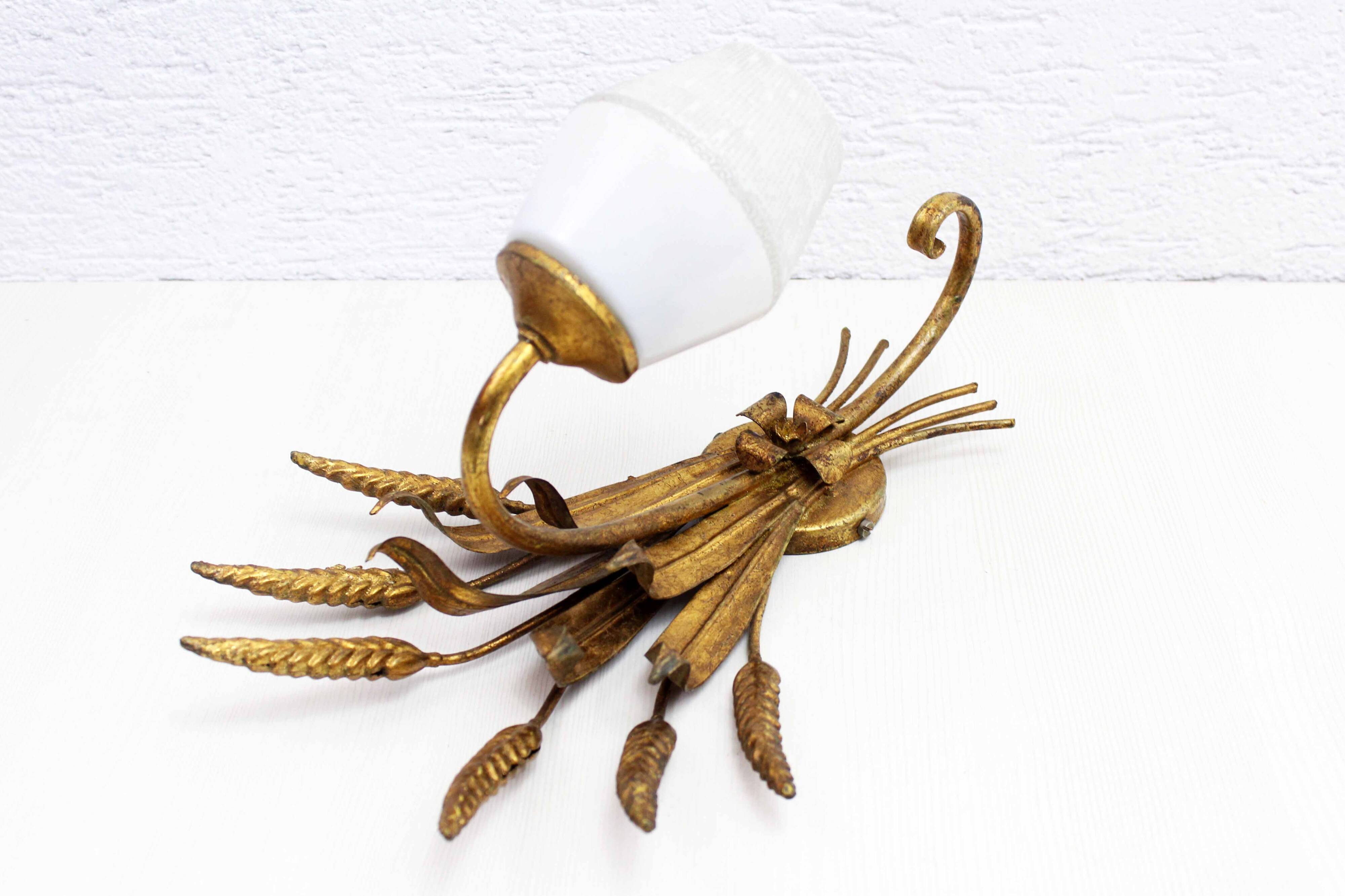 Gold leaf gilded metal wheat sheaf wall light 1950