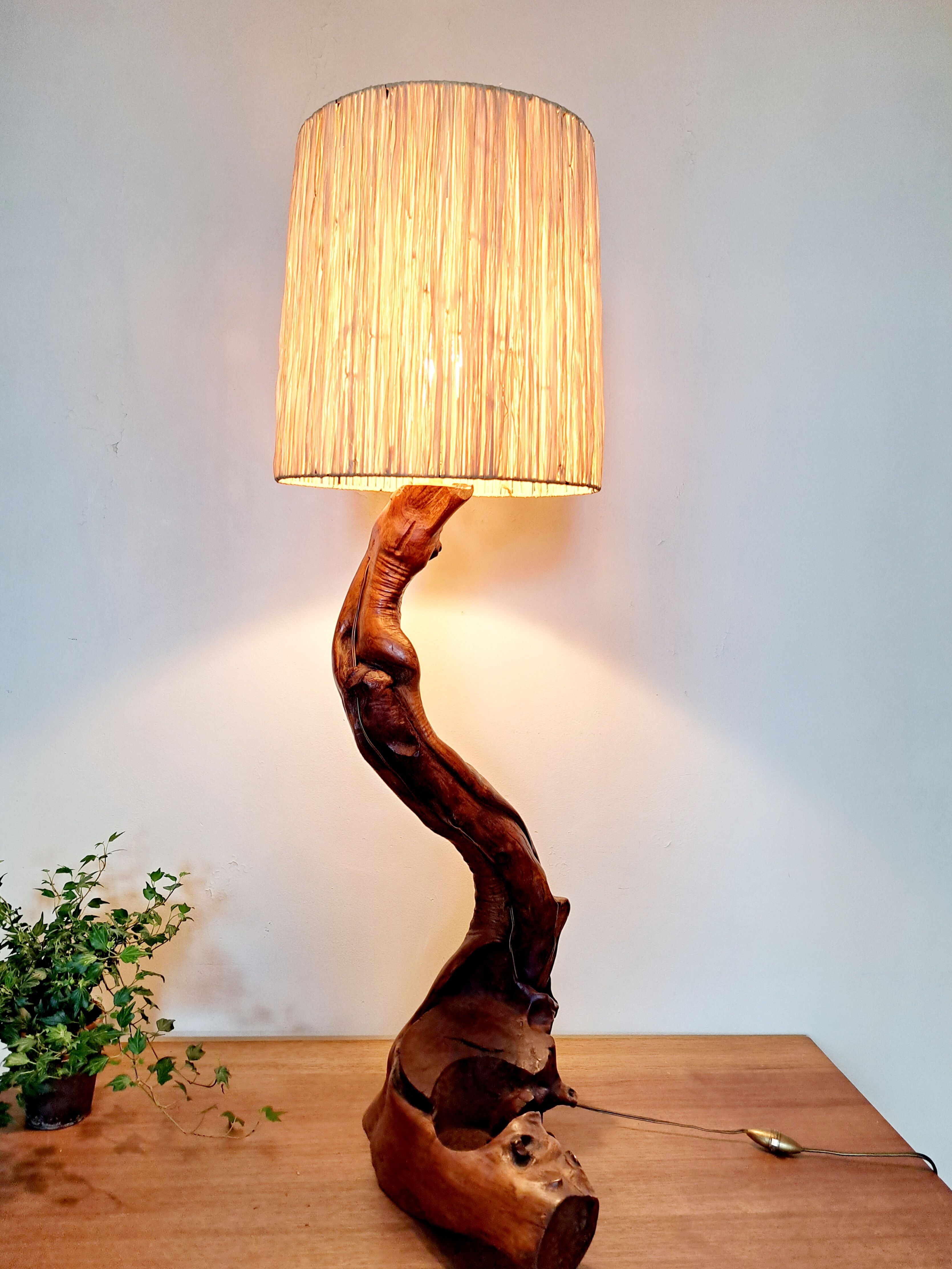 Brutalist lamp in olive wood 1970