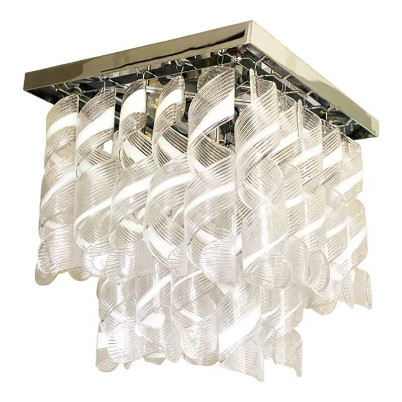 Contemporary Trasparent and White "Ricci-Curles" Murano Glass in Mazzega Style Squared Flush Mount