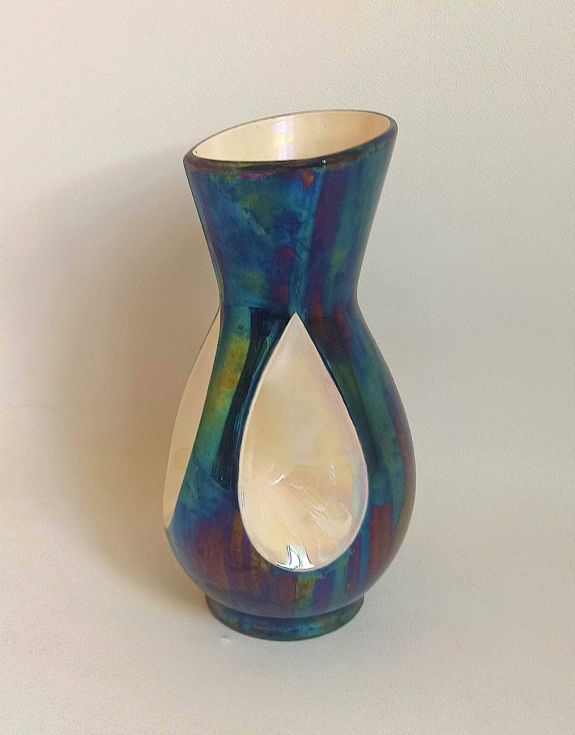 Verceram vase iridescent blue ceramic 60s Height 26,7 cm