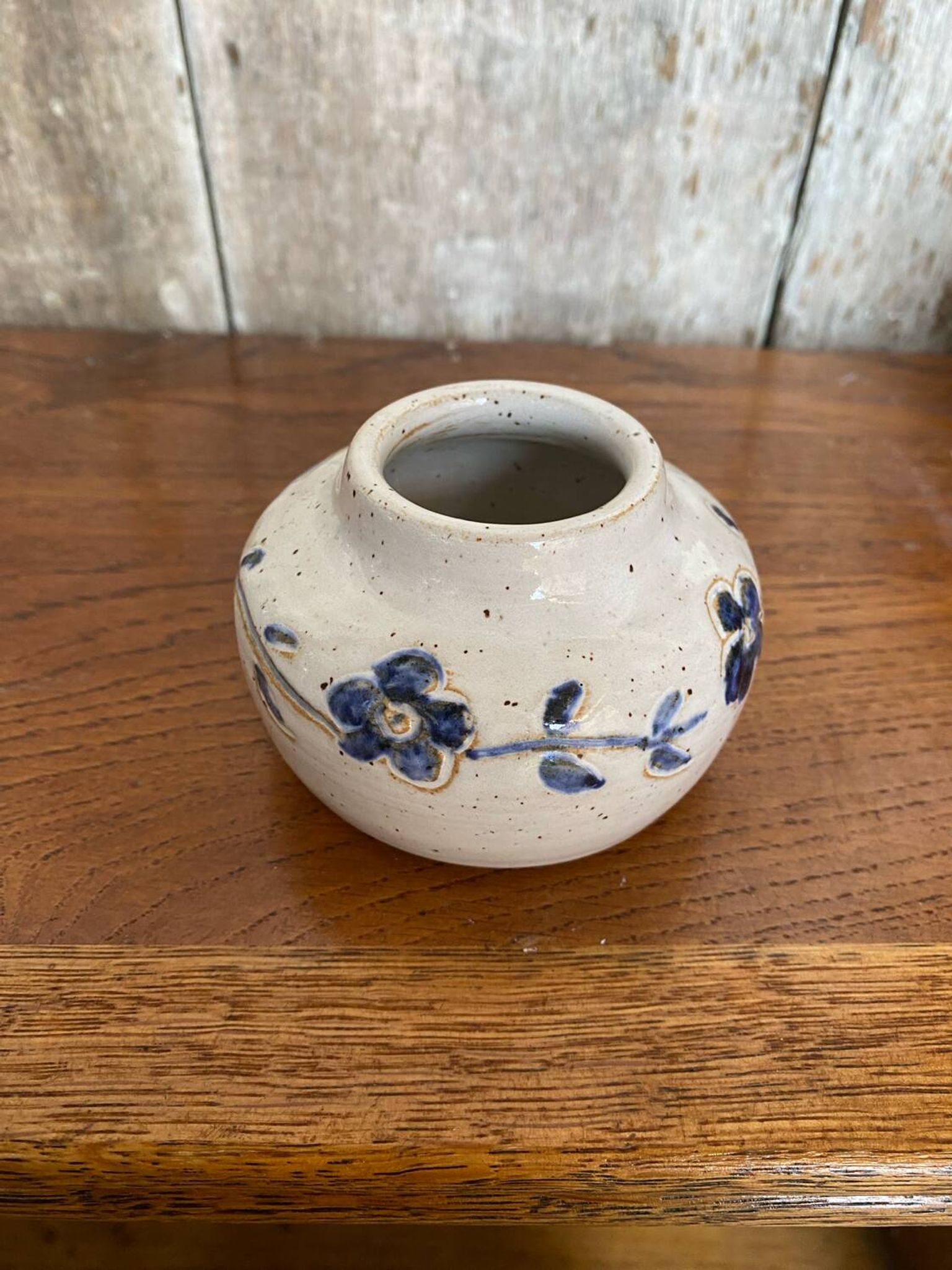 Antique White Ceramic Ball Vase Chiseled Decor Blue Flowers Vintage