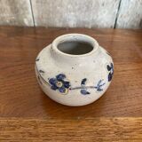 Antique White Ceramic Ball Vase Chiseled Decor Blue Flowers Vintage