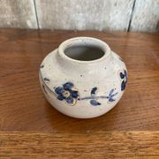 Antique White Ceramic Ball Vase Chiseled Decor Blue Flowers Vintage