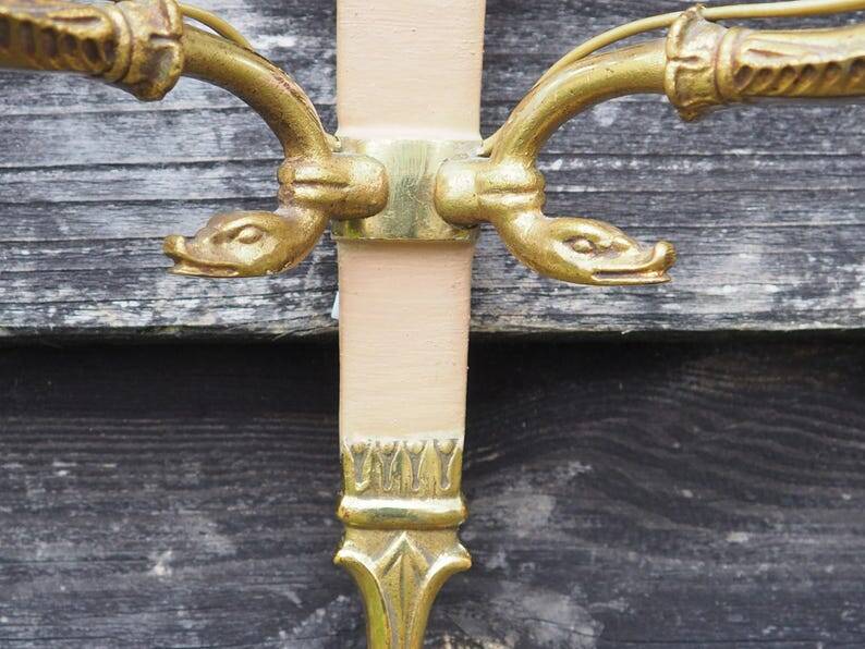 Vintage French Empire Sconces: Gilt Bronze, Salmon Column Double Arm Light