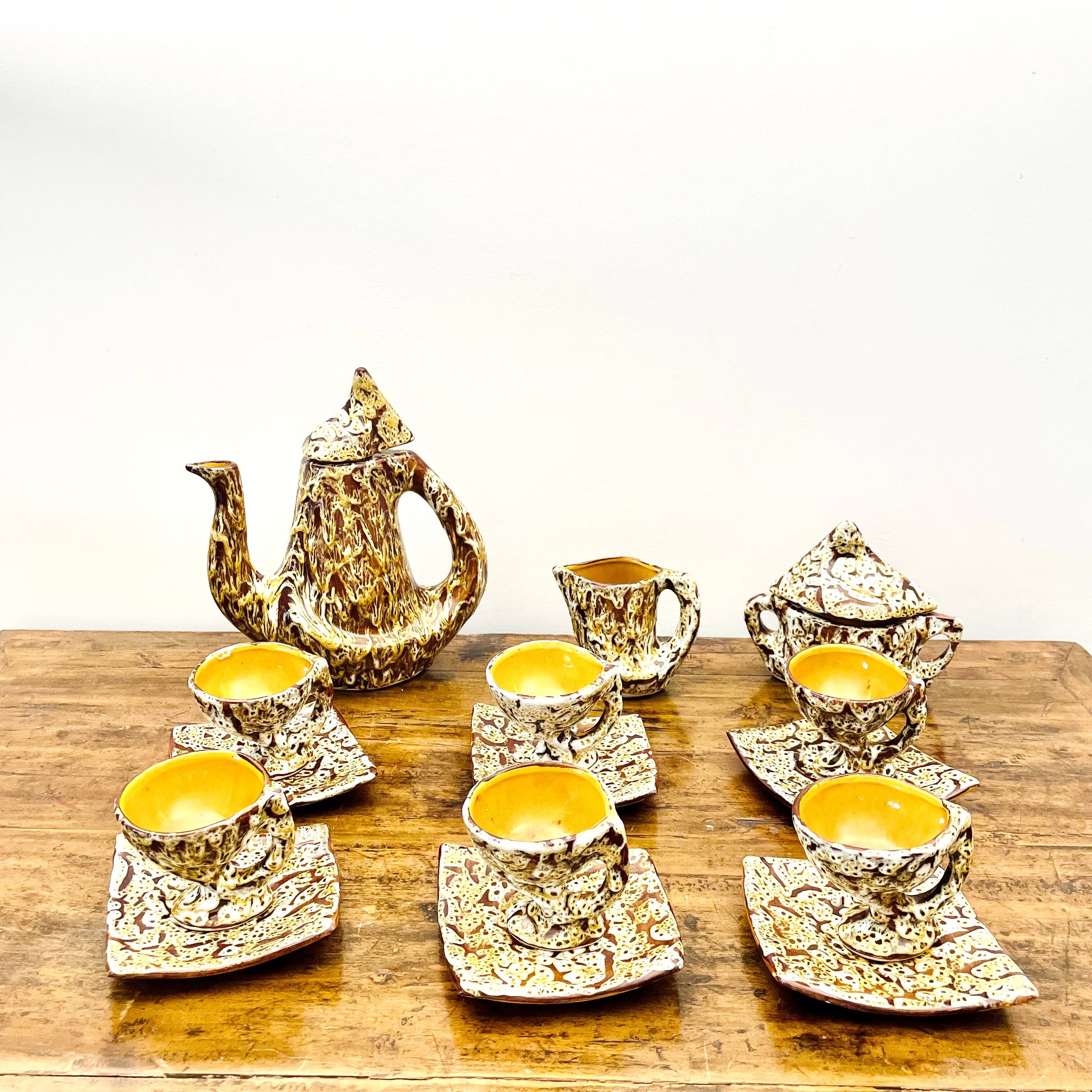 Rare Vallauris ceramic coffee service Sculptural design and u enamel