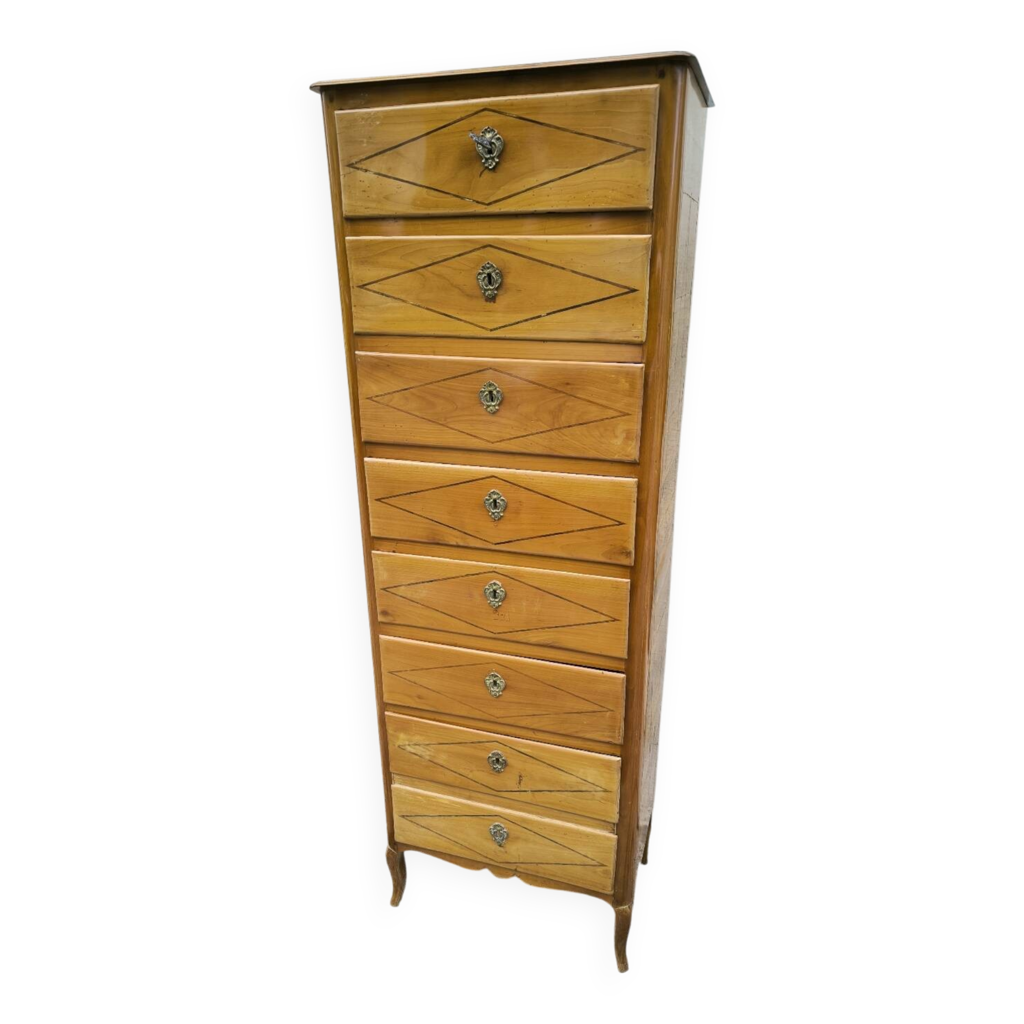 A seven-day chest of drawers in solid cherry wood with ebony stringing, 18th century