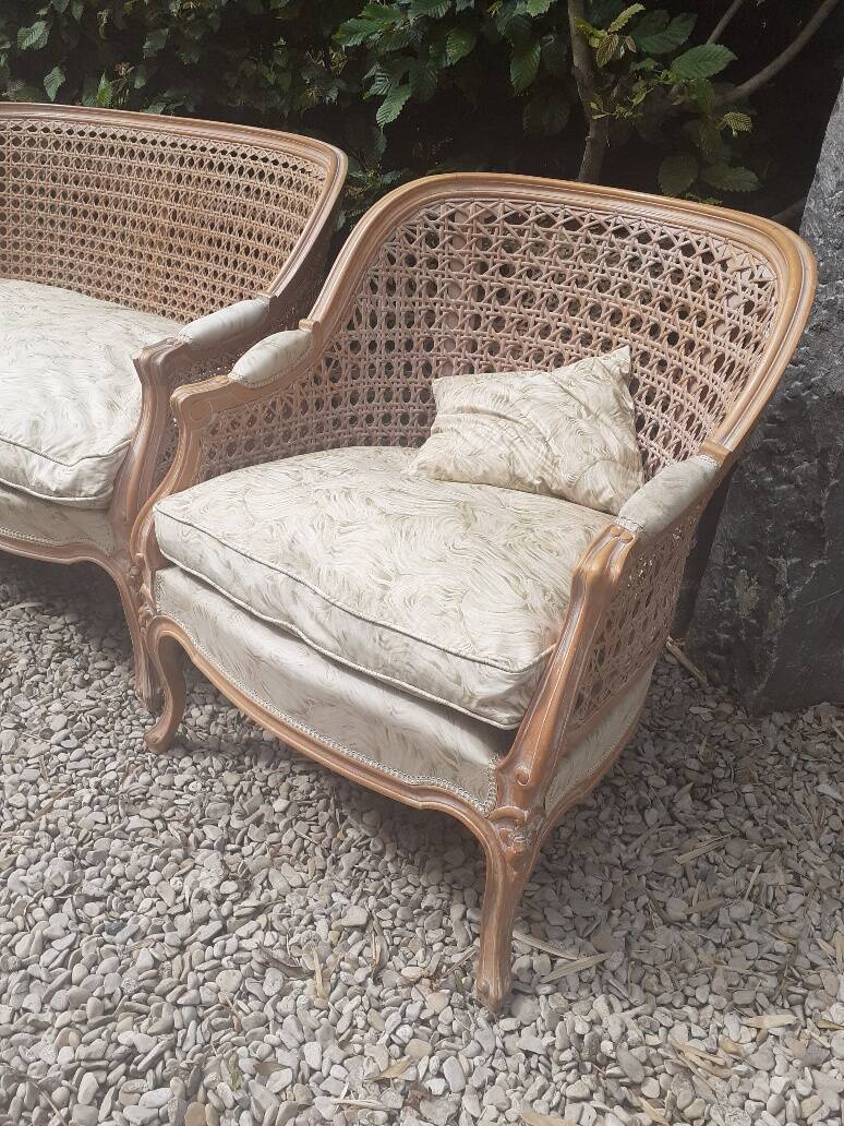 Louis XV style living room sofa and 2 armchairs - canework and carved wood