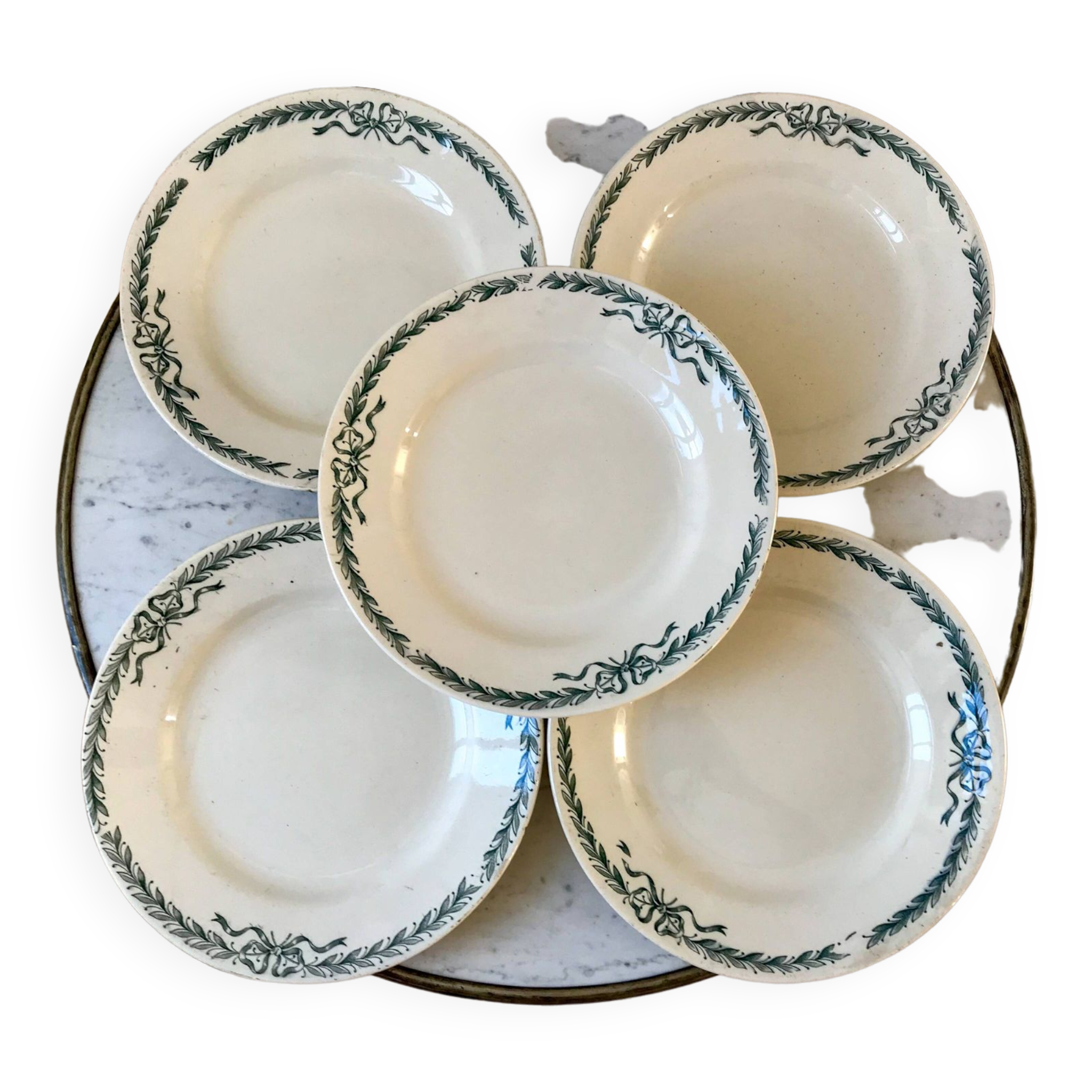 set of 5 large flat plates in Terre de Fer Longchamp model Belleville late 19th century
