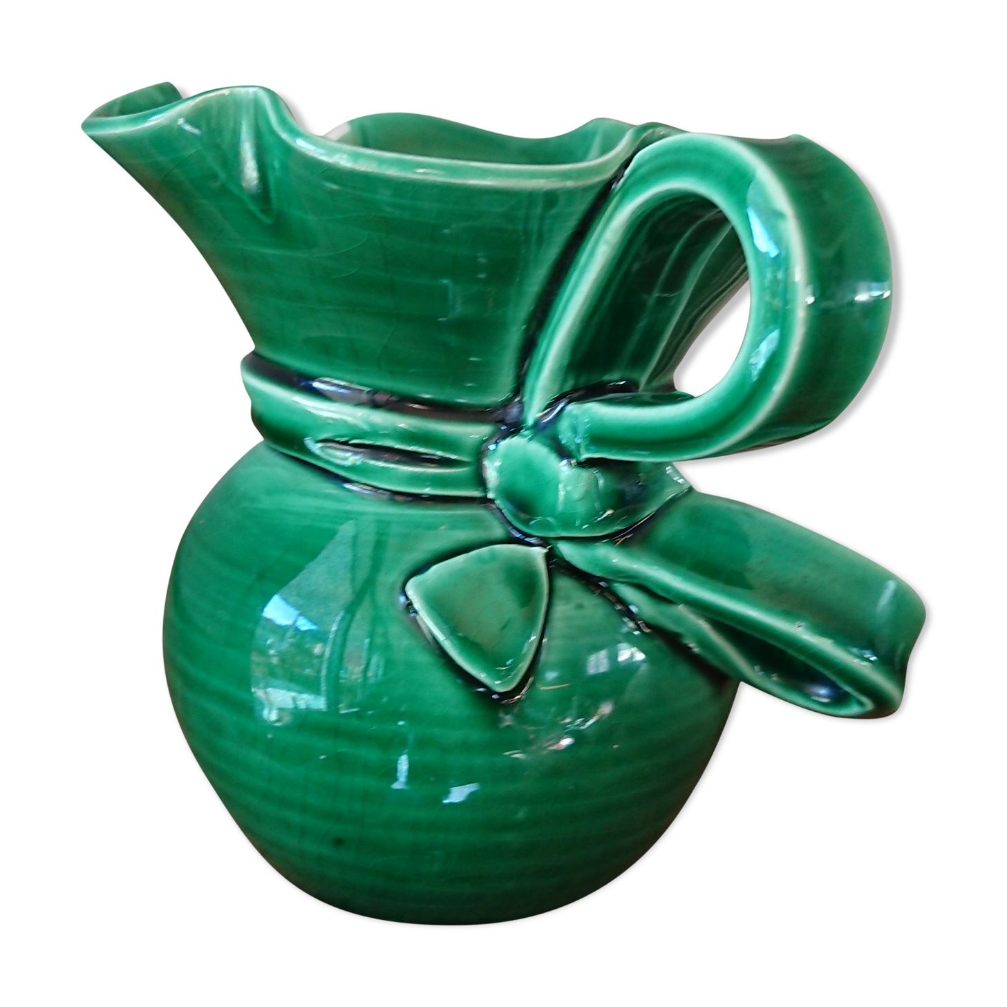 Pitcher signed Cerenne Vallauris in green ceramics