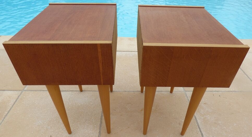 2 vintage scandinavian drawer nightstands with clamshell door