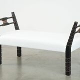 Unique late 19th-century window bench in Moorish style with beautiful colors and newly upholstered