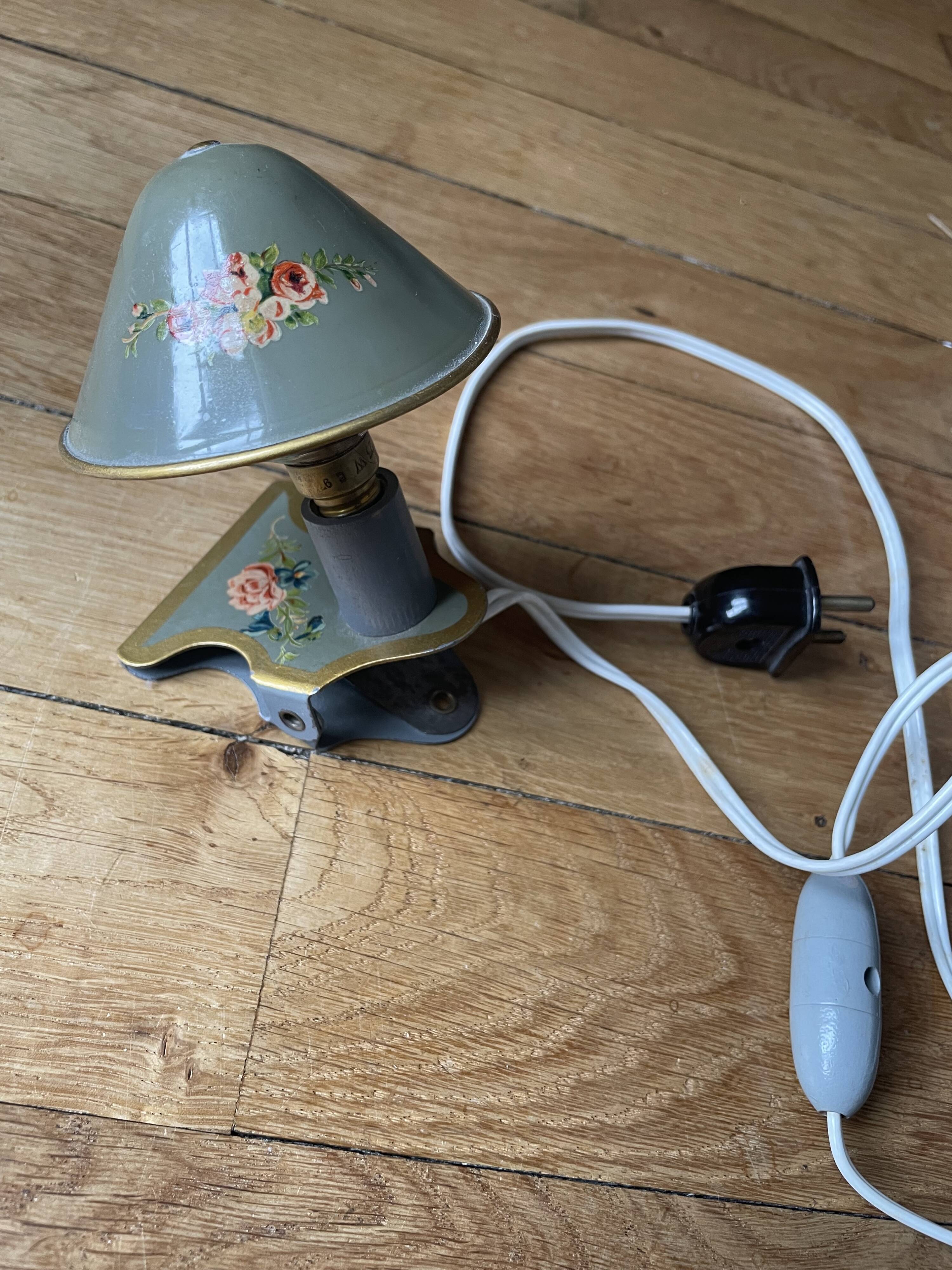 Small bedside lamp with clip, vintage painted flowers