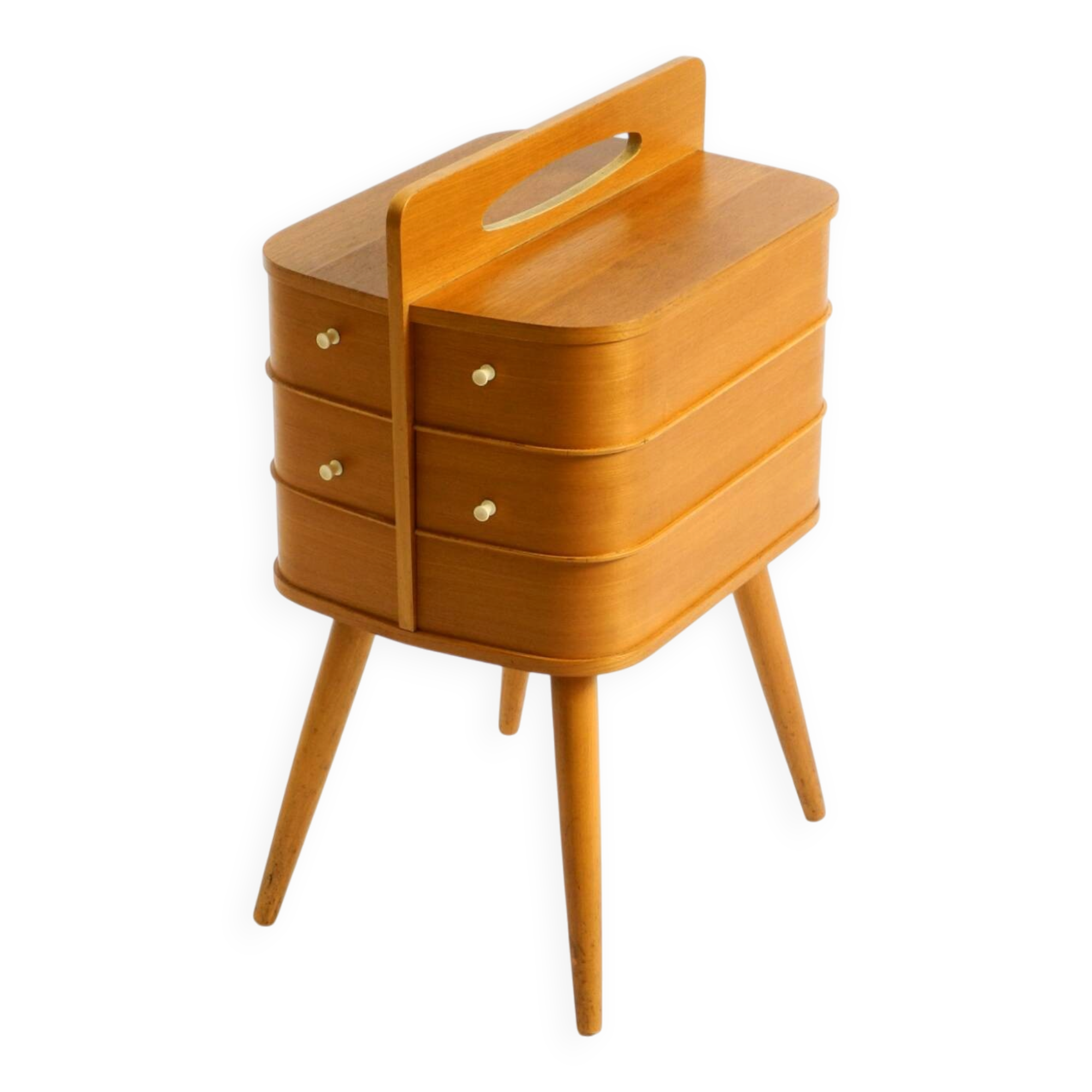 Beautiful original Mid Century teak sewing box with hinged compartments