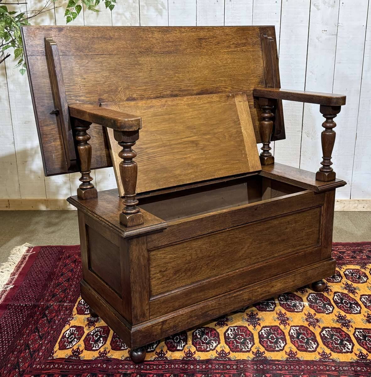 English oak bank safe from the 1930s that can serve as a console.