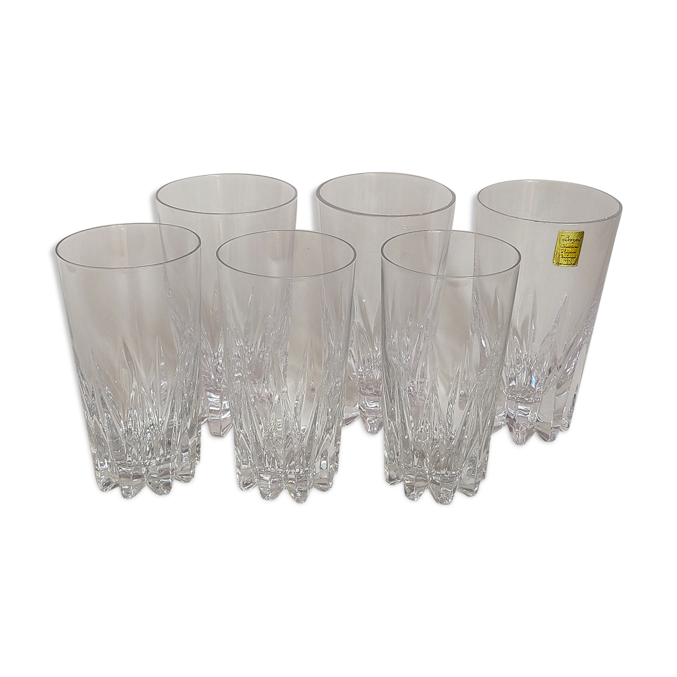 Six vintage crystal juice glasses, three large, three medium