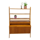 Teak fineer kast uit Zweden met lades, legplank en uitschuifbare plank