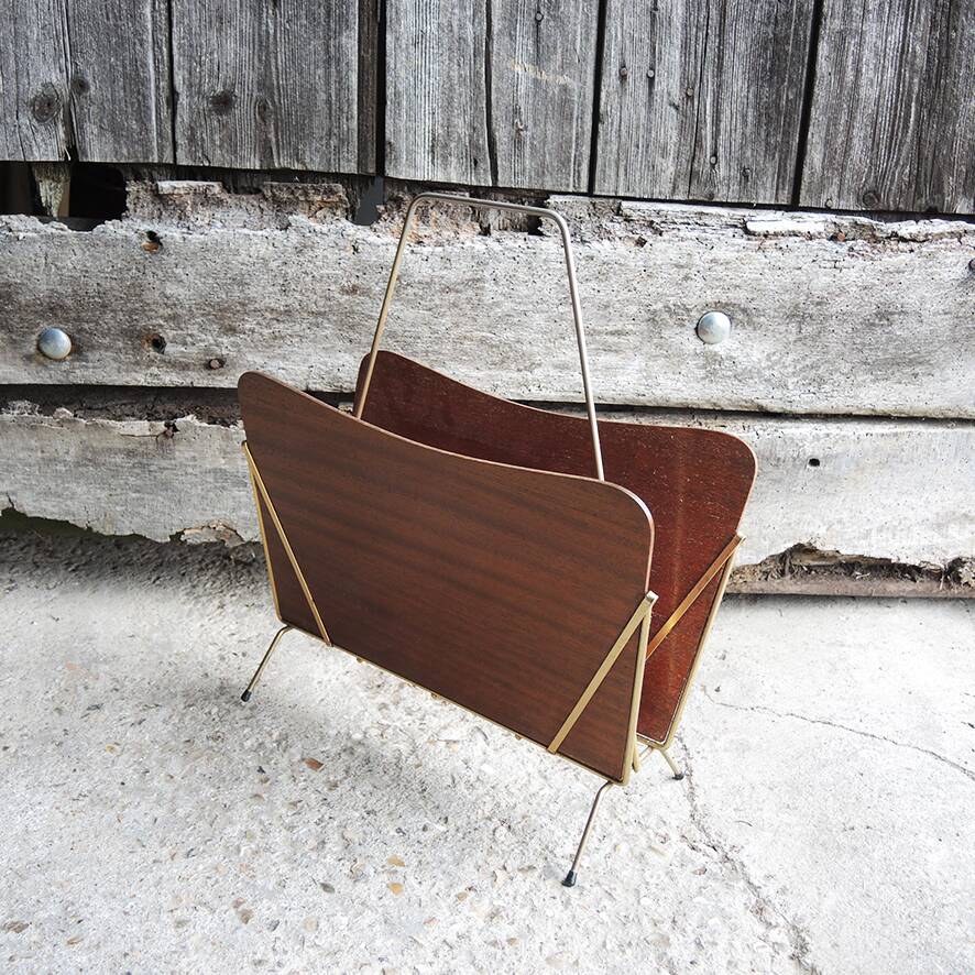 Antique wooden and brass magazine rack