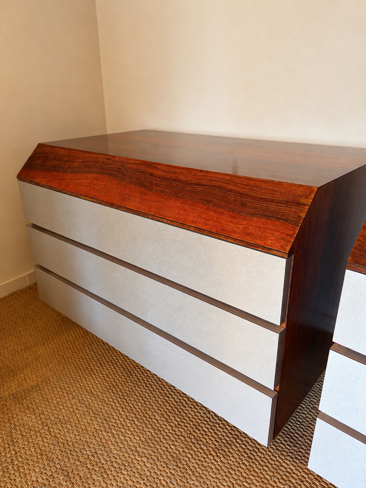 Pair of vintage rosewood and brushed aluminium chests of drawers
