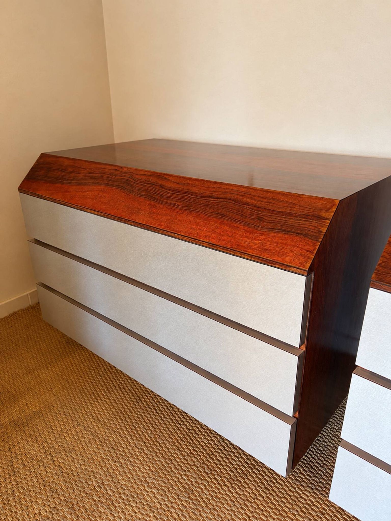 Pair of vintage rosewood and brushed aluminium chests of drawers