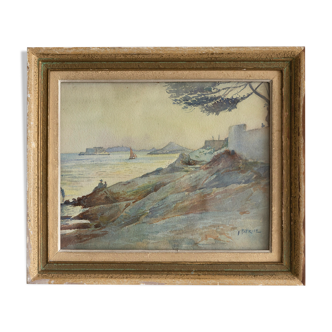Old watercolor view of Marseille signed H Patrice