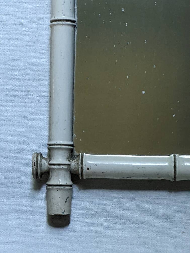White painted bamboo mirror, vintage bohemian country decor, 50s